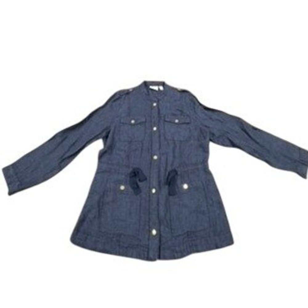 Chicos Indigo Blue Linen Blend Utility Jacket Gold Hardware Drawstring SZ 8/M